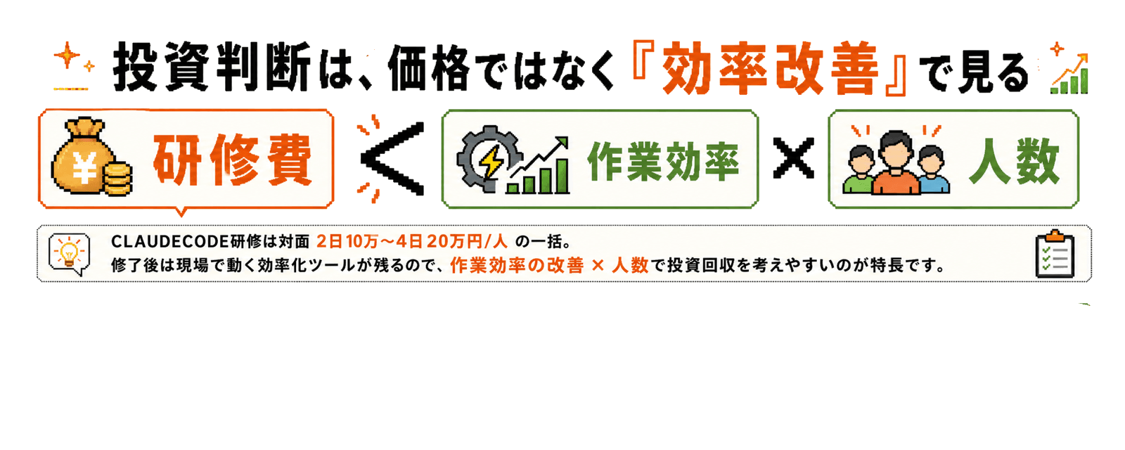 投資判断は価格ではなく効率改善で見る。研修費よりも、作業効率の改善と人数から投資回収を判断する考え方
