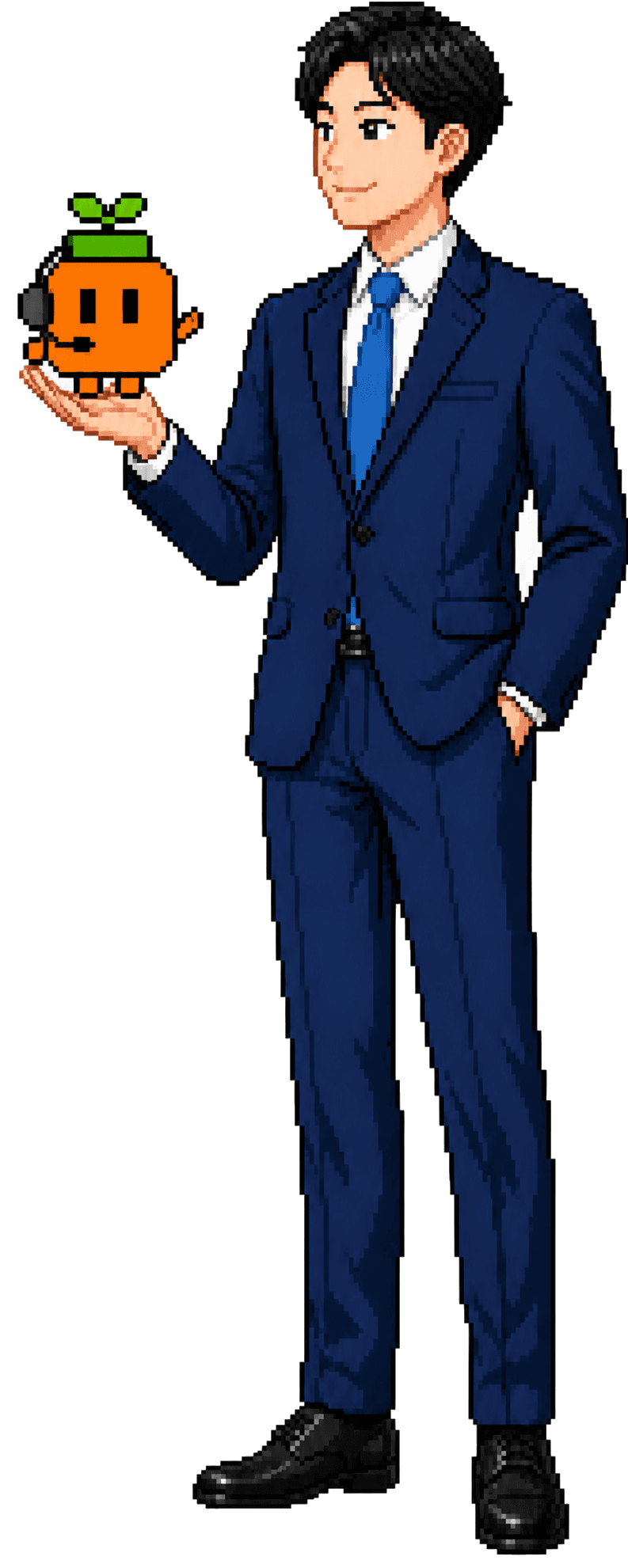 オレンジ色のAIアシスタントを手にしたビジネスパーソン