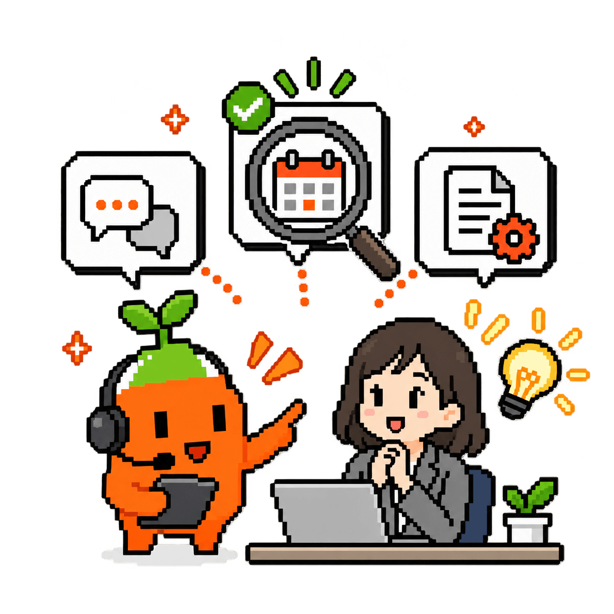 業務ツールのテーマを検討する担当者とClaude Code研修キャラクターのイラスト