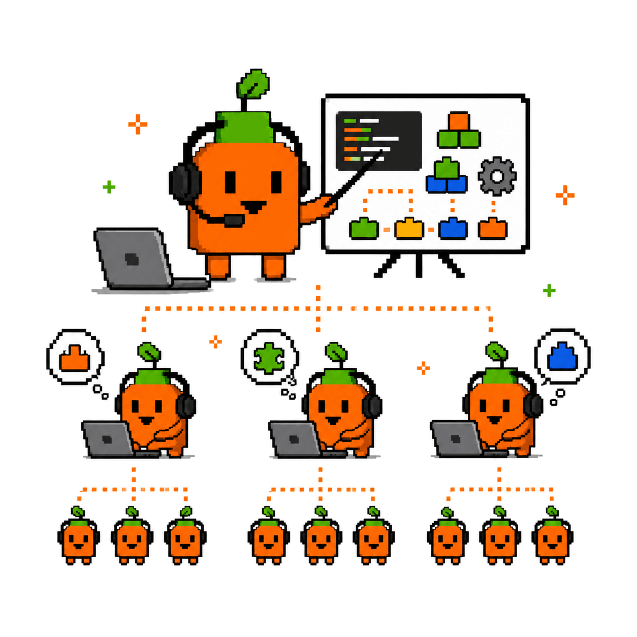 マスコットが工具やパズルを持って全社展開の仕組みを作っているイラスト