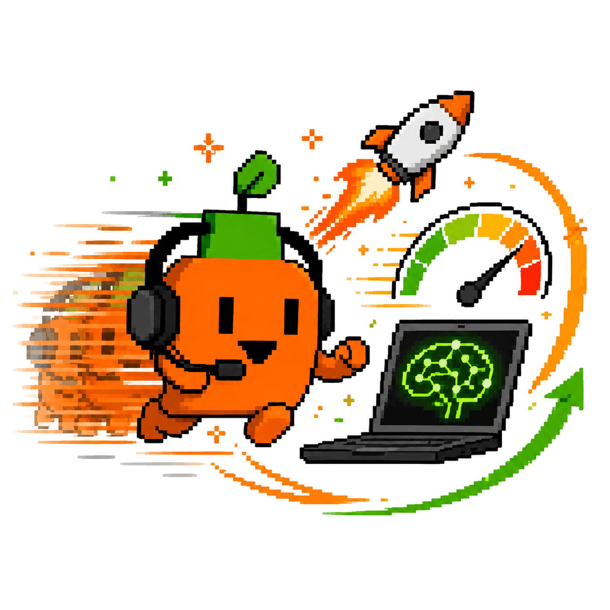 マスコットが高速で開発し、ロケットやメーターでスピードを表現しているイラスト