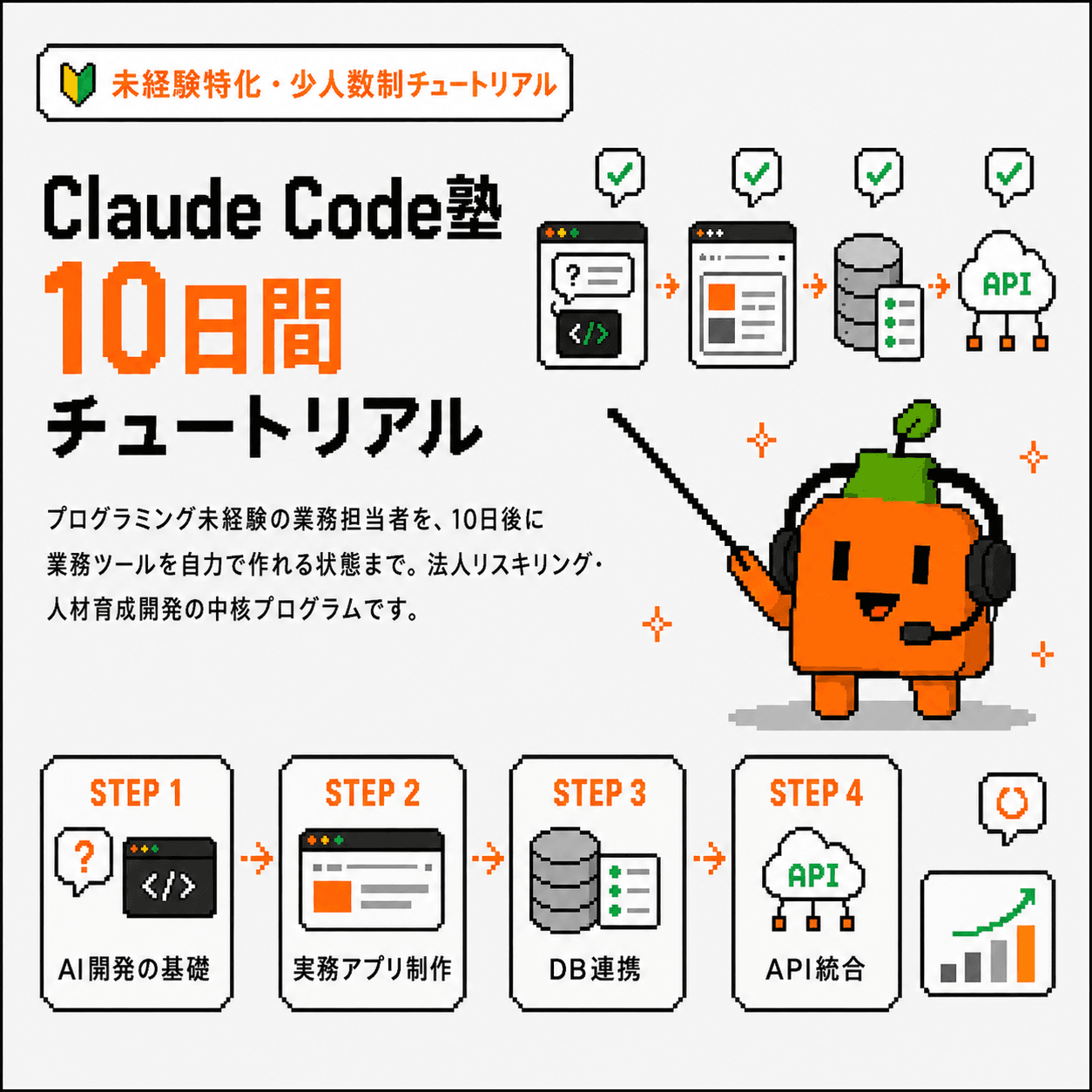 Claude Code塾10日間チュートリアル。未経験特化・少人数制でAI開発の基礎、実務アプリ制作、DB連携、API統合まで進む概要