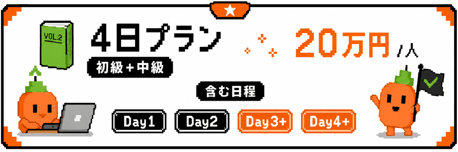 4日プラン 20万円 per 人。含む日程はDay1、Day2、Day3プラス、Day4プラス。