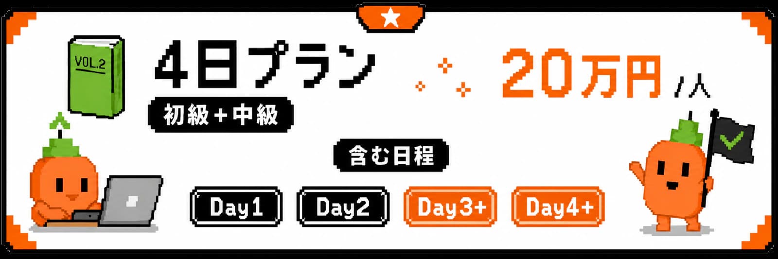 4日プラン 20万円 per 人。含む日程はDay1、Day2、Day3プラス、Day4プラス。