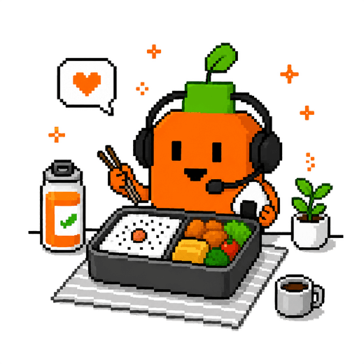 講師キャラクターがお弁当を食べて休憩しているイラスト