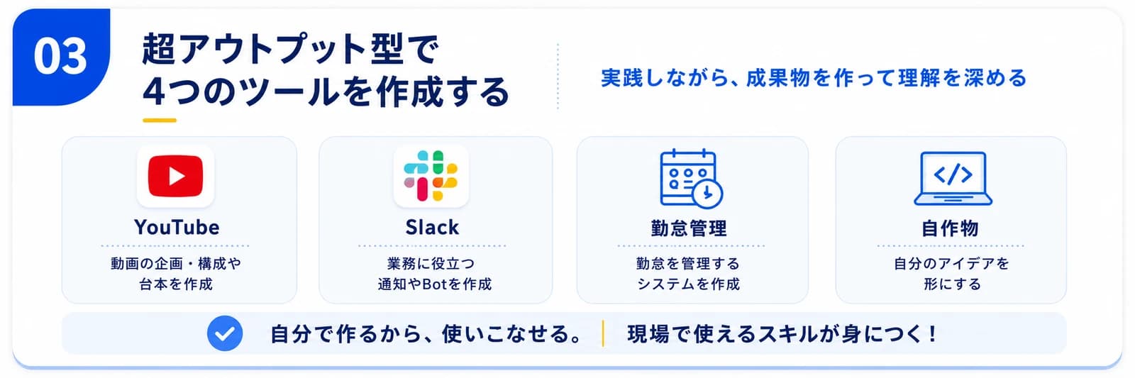 STEP03 超アウトプット型でYouTube・Slack・勤怠管理・自作物の4つのツールを作成する。自分で作るから使いこなせ、現場で使えるスキルが身につく。
