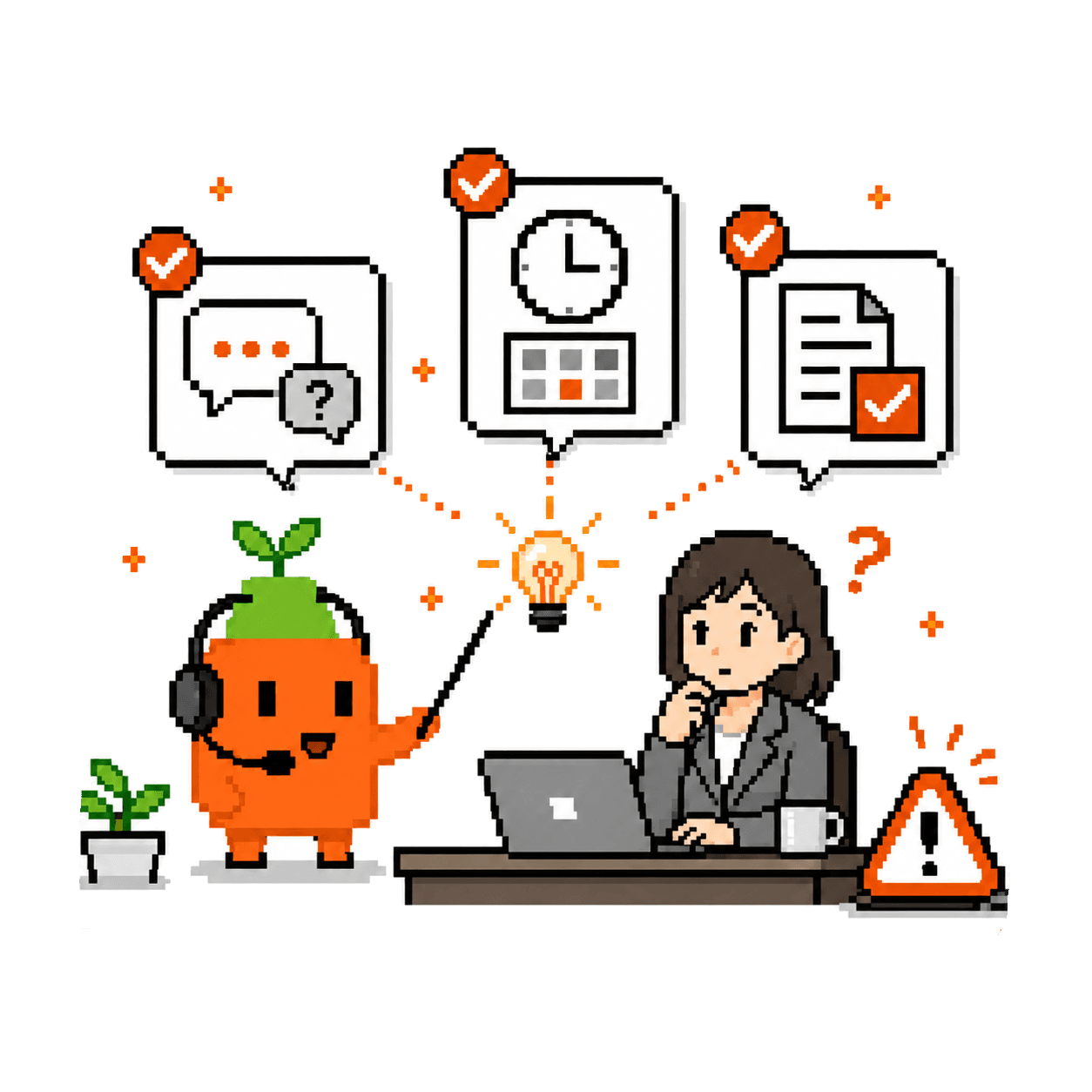 業務ツールのテーマを検討する担当者とClaude Code研修キャラクターのイラスト