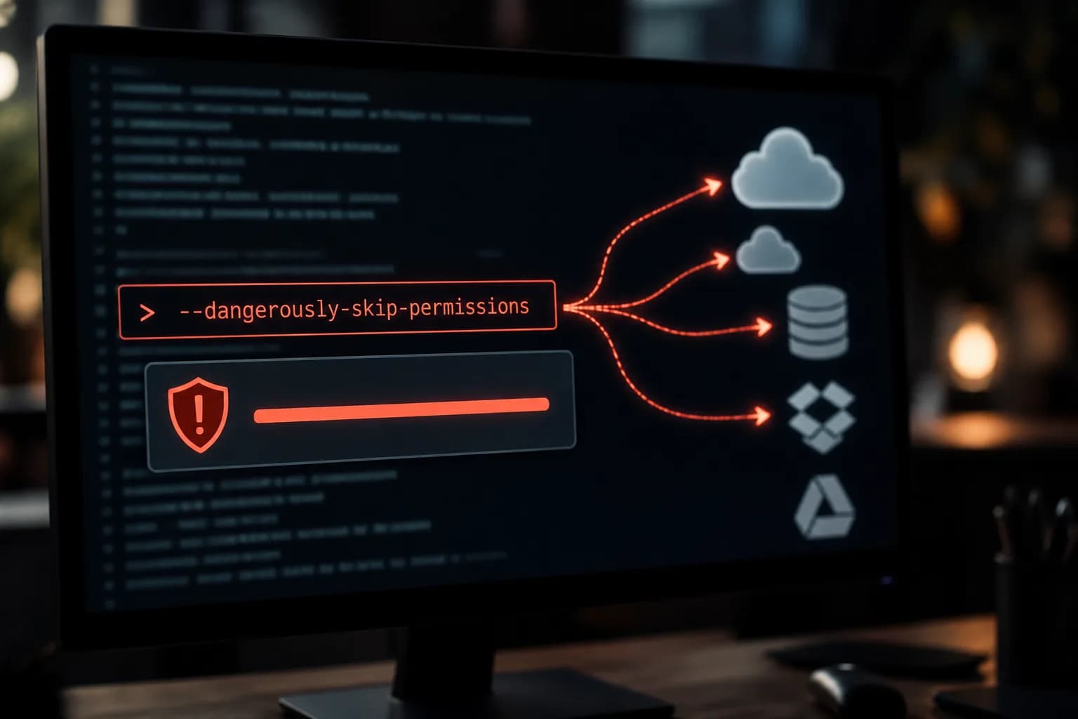 コマンドラインで `--dangerously-skip-permissions` を使用し、セキュリティ確認をスキップする様子が描かれ、データ流出のリスクを示唆している。