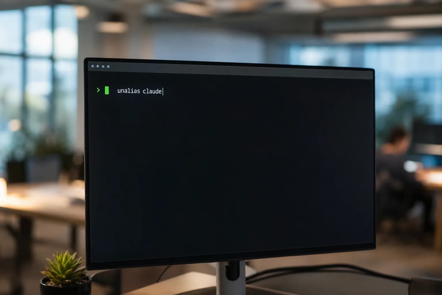 コマンドラインに 'unalias claude' と入力する様子。alias 設定を解除する方法を示している。