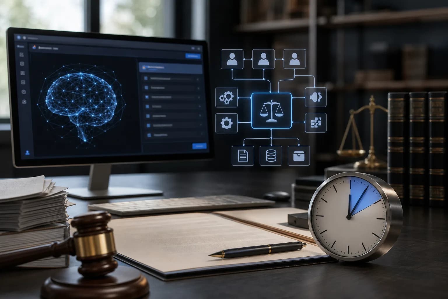 Claude for Legalを使ったAI契約書レビューで、法務担当者の作業時間が短縮される様子を示す。