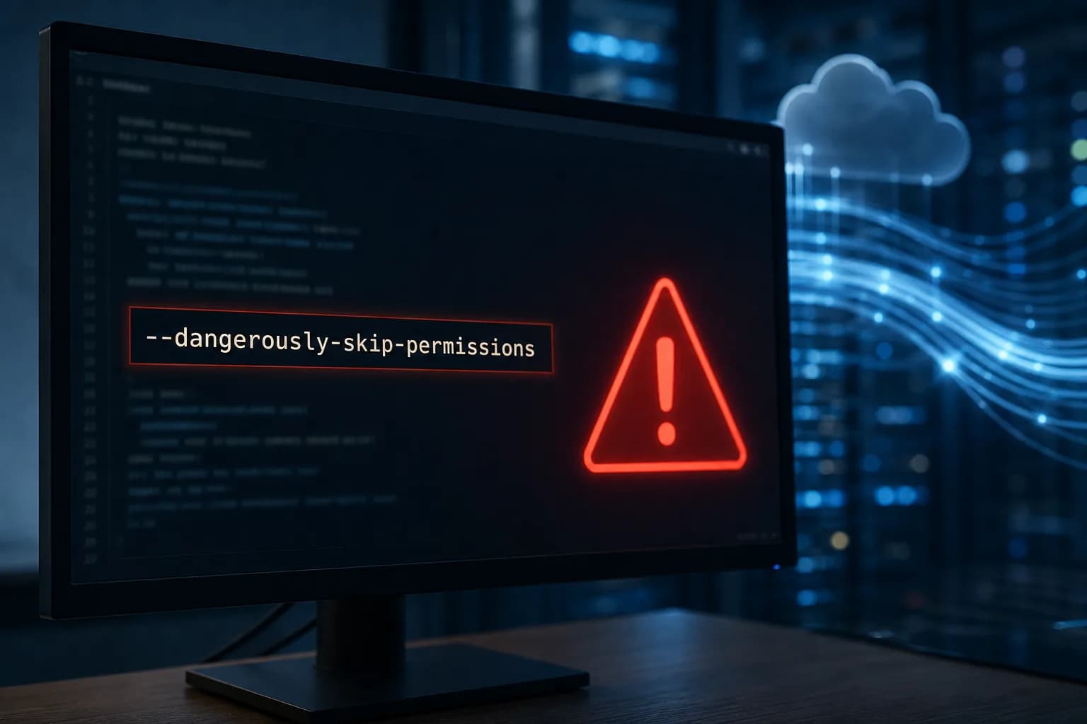Claude Code の alias オプションで危険な '--dangerously-skip-permissions' コマンドが強調され、クラウド請求やデータ流出のリスクを示す警告アイコンが描かれている。