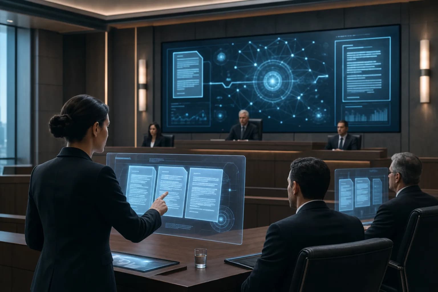 AIを活用した契約書分析が行われる未来的な法廷の様子。Claude for Legalが法務業務を効率化する様子を示す。