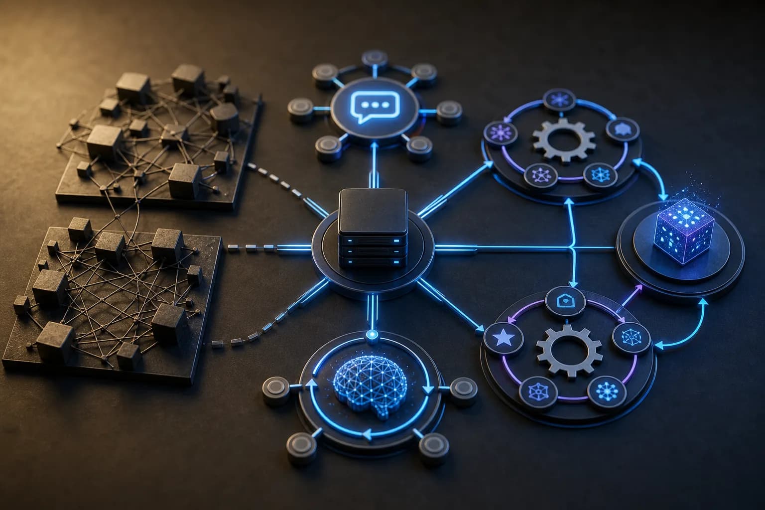 Hermes Agentの構造を示す概念図。中央のサーバーアイコンがメッセージングシステムと接続され、学習ループとスキル生成モジュールに囲まれている。