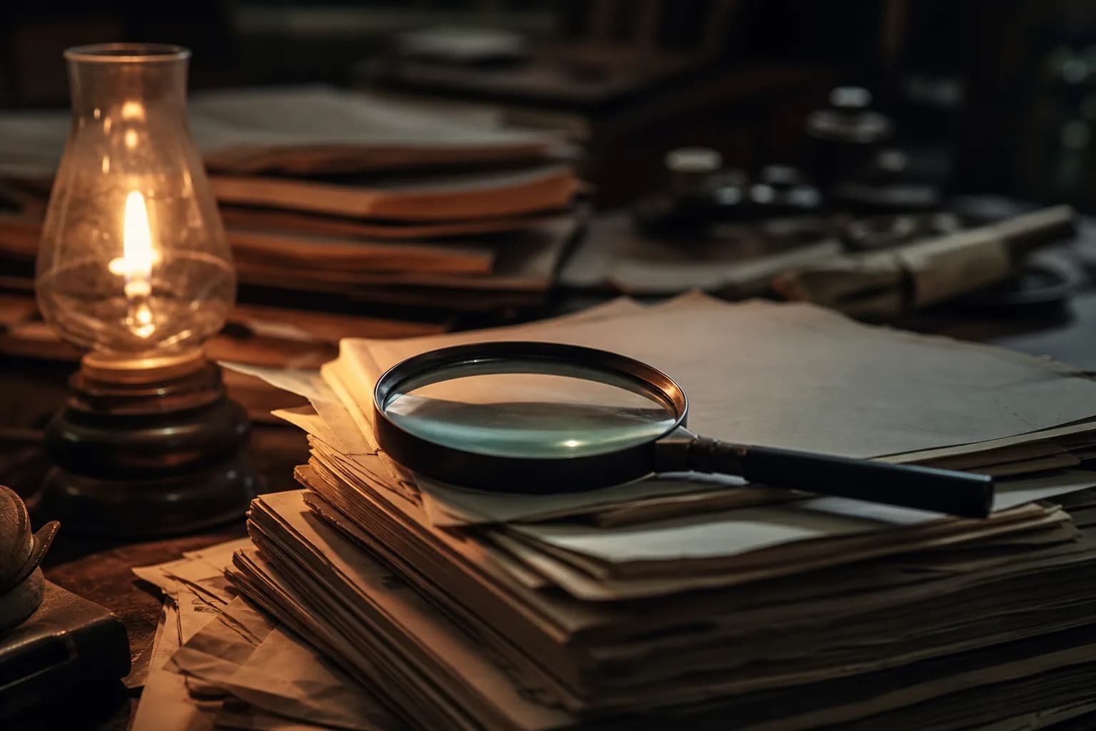 ultrareviewを通じて確認すべき情報の重要性を示す、暗い部屋で書類と拡大鏡が置かれたシーンです。