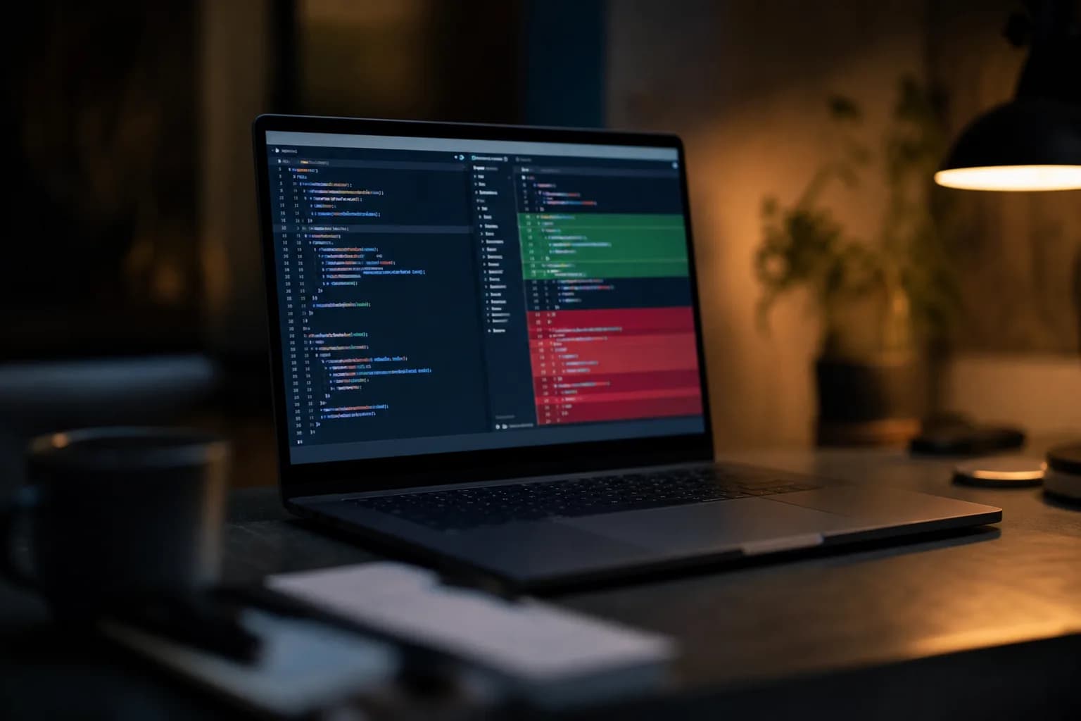 AIレビューの限界を示す光の差し込む部屋に、コードレビューのインターフェースが映し出されています。非エンジニアがAIを効果的に活用するための鍵となる視点を伝えます。
