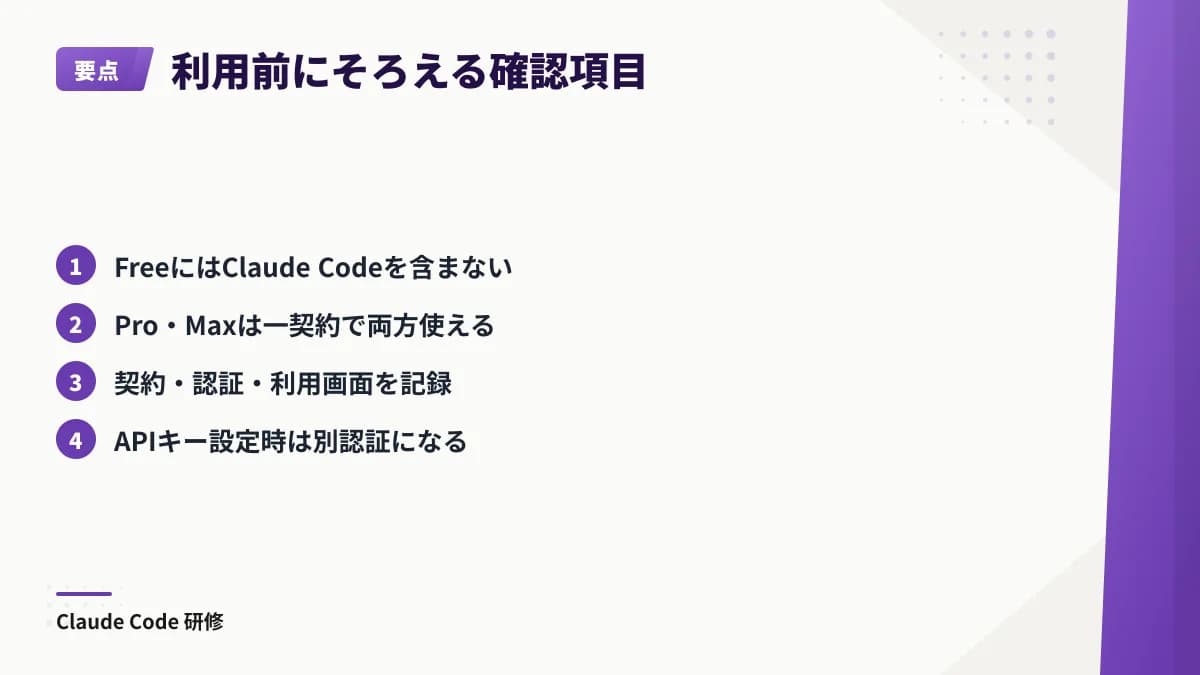 Claude Codeの利用前には、Freeの対象外、Pro・Maxの共有利用枠、APIキー認証時の別料金可能性を確認する。