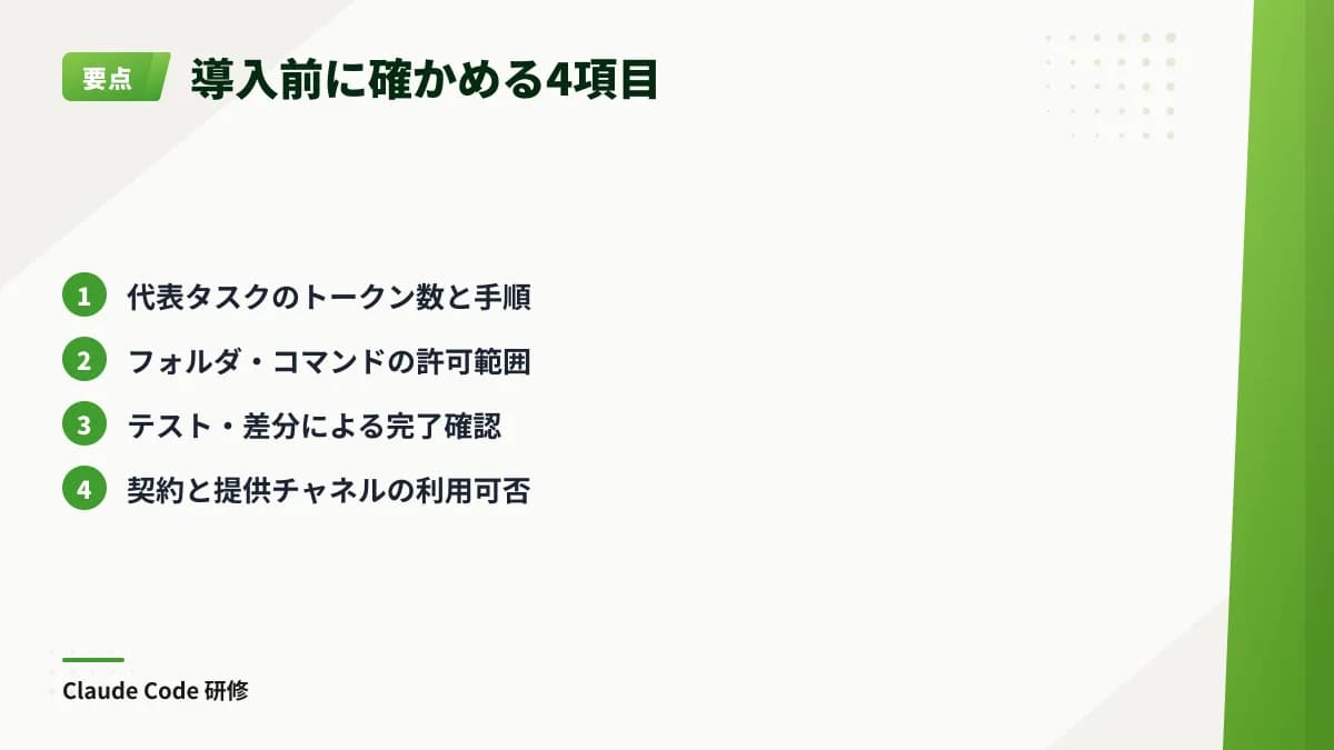 導入前に代表タスクの記録、Claude Codeの権限設定、完了条件の確認、契約と提供チャネルの利用可否を確認する項目。