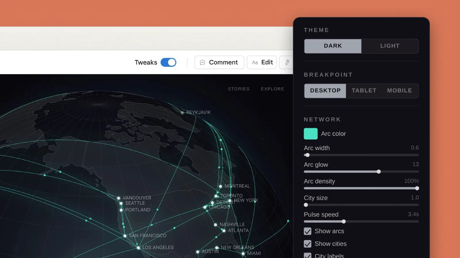 ネットワーク地球儀のアーク色・幅・密度などをリアルタイムで調整できるTweaksパネルのUI