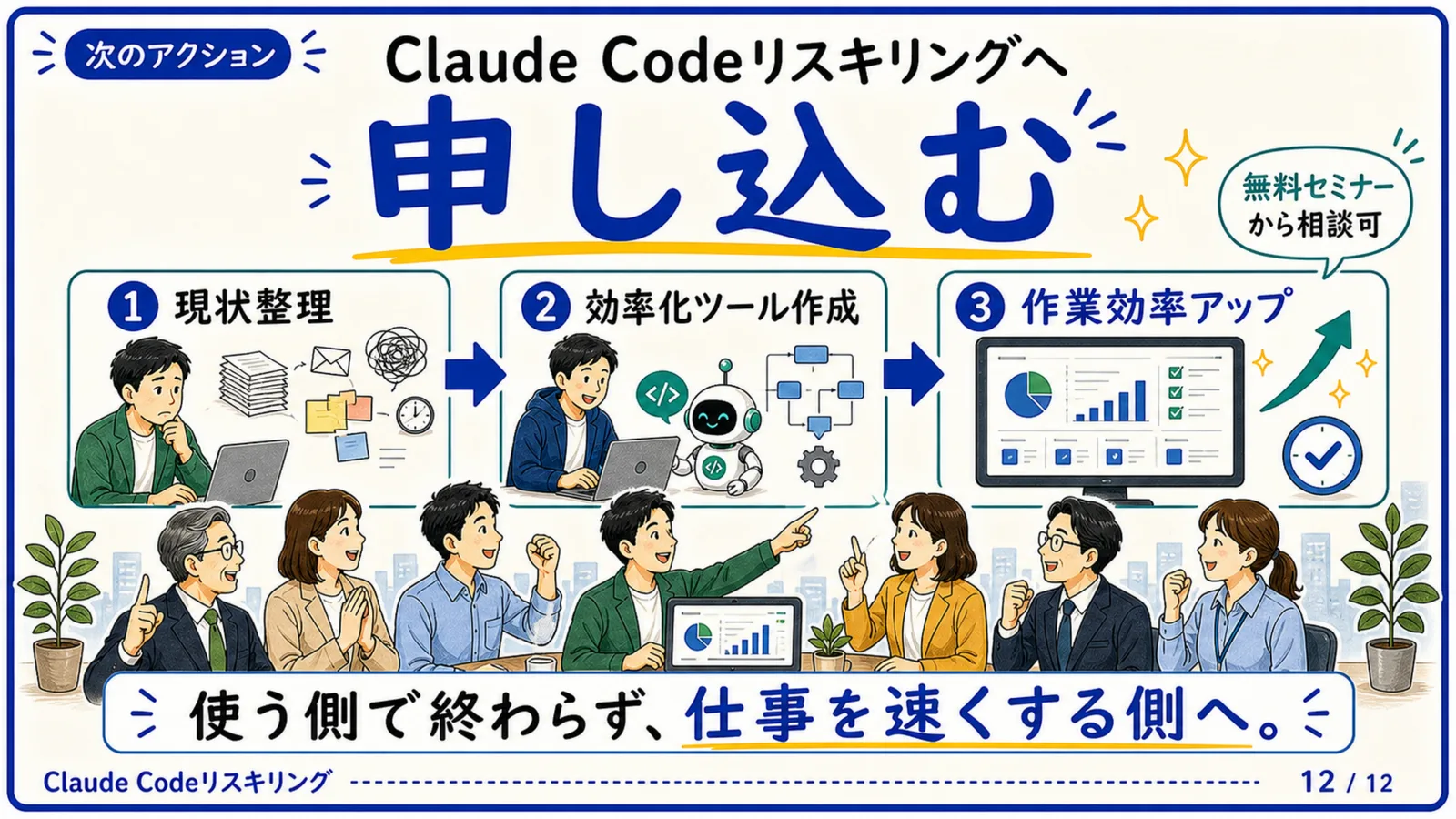 スライド12：次のアクション：Claude Codeリスキリングへ申し込む